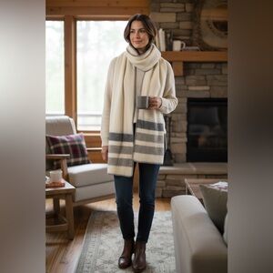 LRL | Large Acrylic Whip Stitch Long Stripe Scarf in Off White & Gray